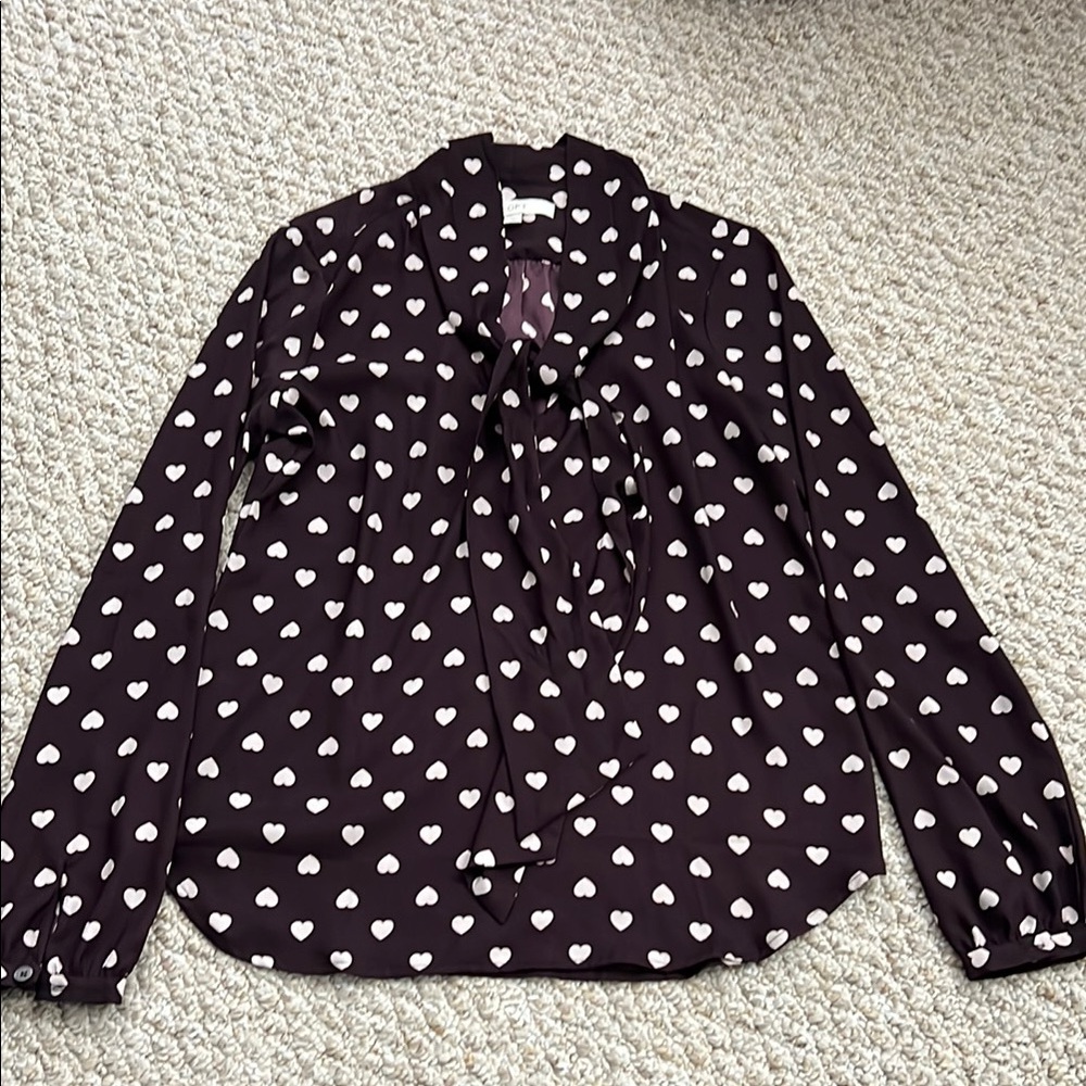LOFT Heart Patterned Brown and White Women's Top